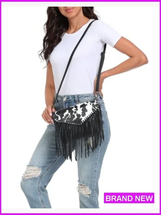 Vintage Boho Hobo Crossbody Bag Faux Leather Fringe Tassel Western Style - Picture 2 of 7
